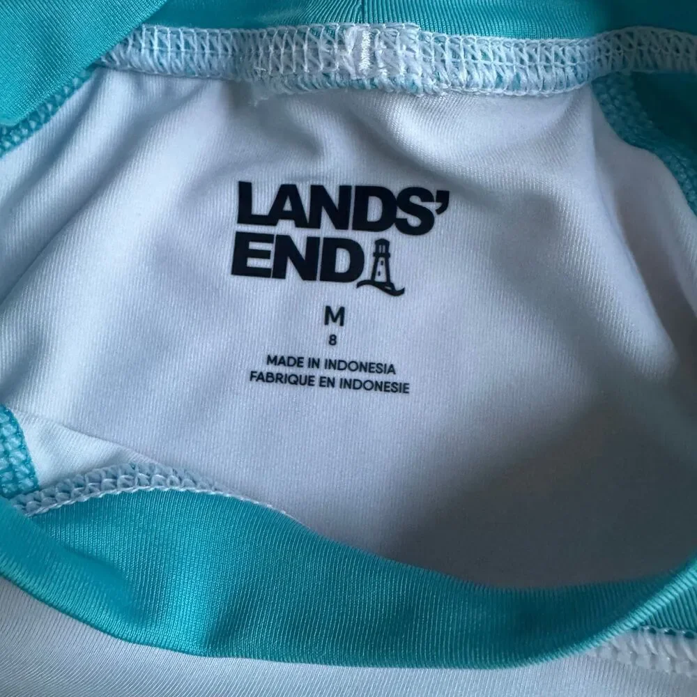 Land’s End Blue Turquoise White Swim Top Rash Guard Sharks Boys M 8 NWOT